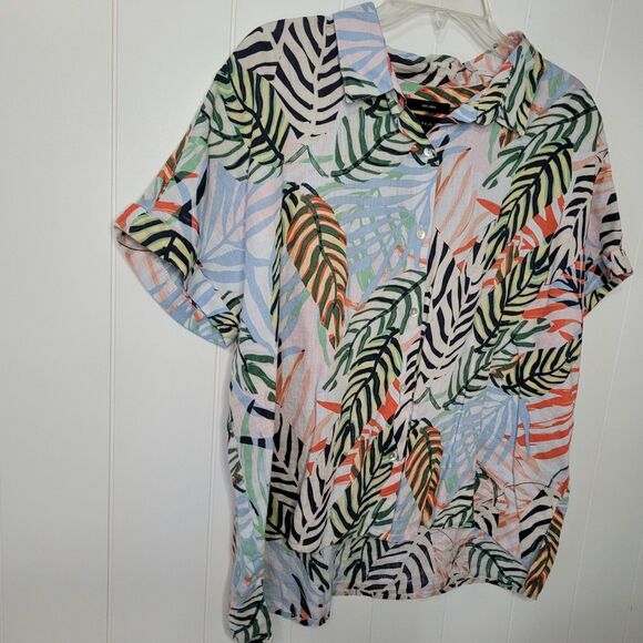 Tahari Linen Top Womens Size XL Button Up Tropical Coastal Short Sleeve - Picture 2 of 8